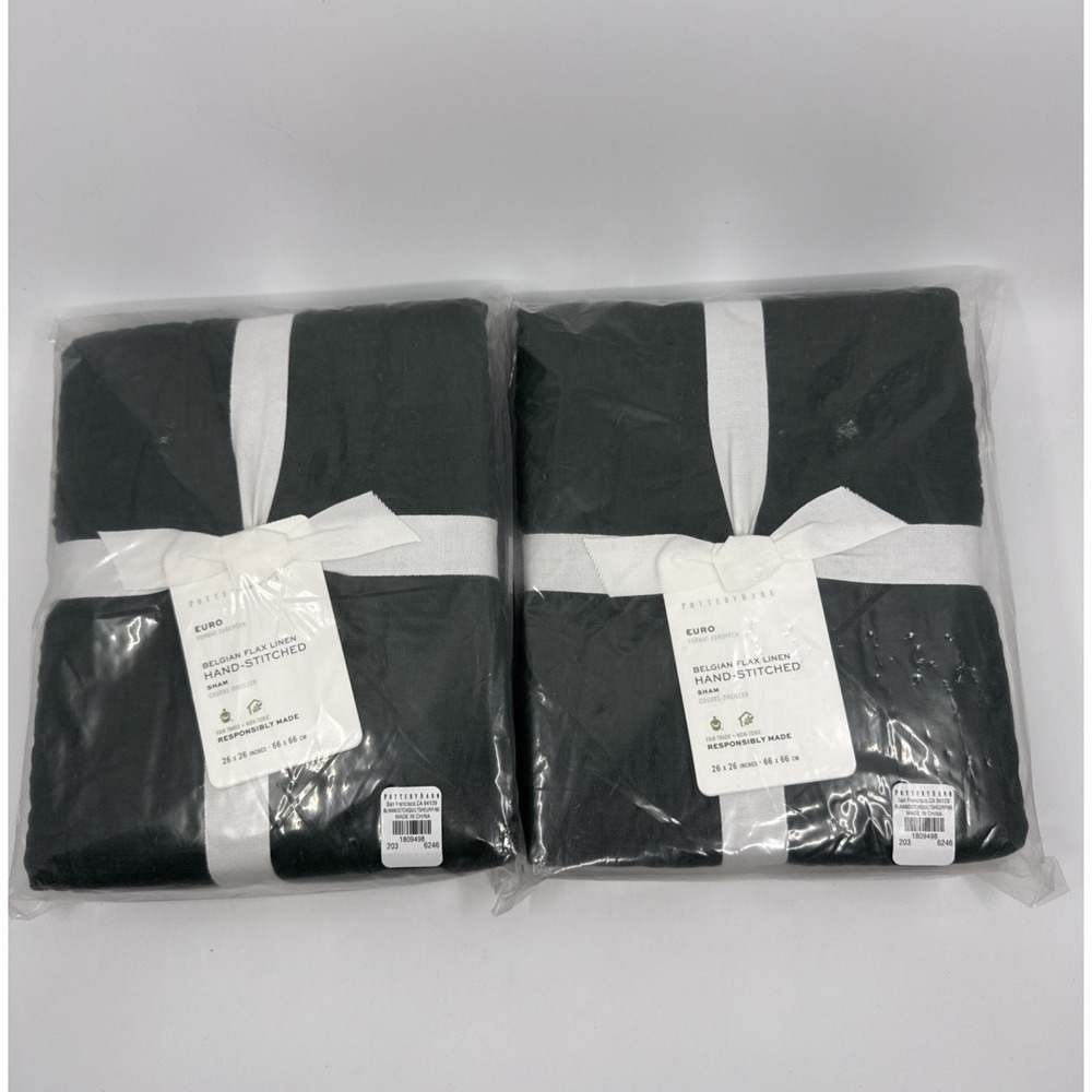 Pottery Barn Pine Green Quilted Belgian Flax Linen Diamond Euro Set Of Two Shams